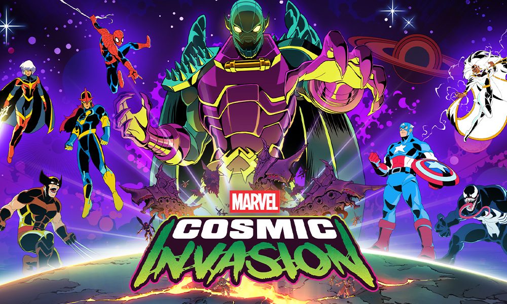 Marvel Cosmic Invasion key art sa Spider-Manom, Kapetanom Amerikom, Wolverinom, Venomom, Storm i Novom koji se bore protiv Annihilusa tokom kosmičke invazije koja preti Zemlji.