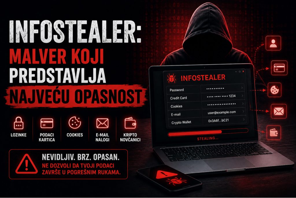 Infostealer malver prikazan kroz ilustraciju hakera i laptopa koji krade lozinke, podatke sa platnih kartica, kolačiće, e-mail naloge i kripto novčanike.
