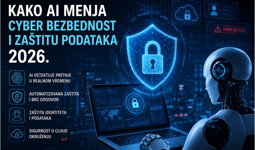 AI robot analizira podatke na laptopu dok digitalni sigurnosni štit štiti cloud okruženje i korisničke podatke od cyber pretnji u 2026. godini.
