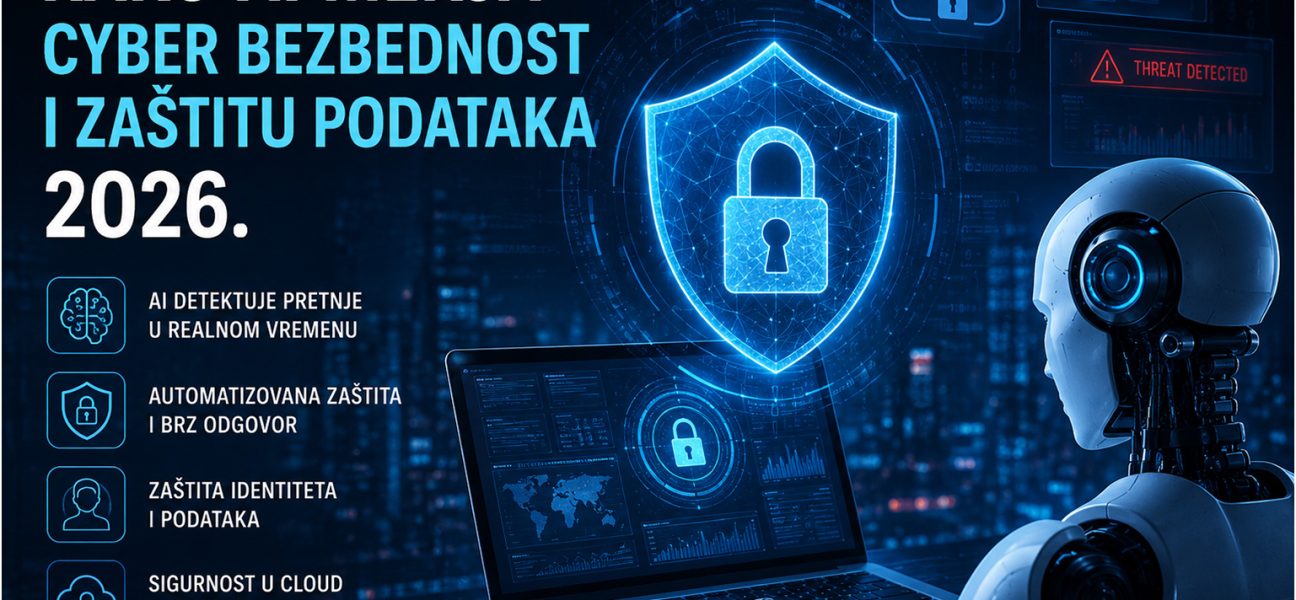AI robot analizira podatke na laptopu dok digitalni sigurnosni štit štiti cloud okruženje i korisničke podatke od cyber pretnji u 2026. godini.