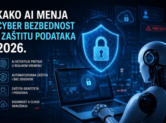 AI robot analizira podatke na laptopu dok digitalni sigurnosni štit štiti cloud okruženje i korisničke podatke od cyber pretnji u 2026. godini.