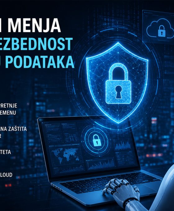 AI robot analizira podatke na laptopu dok digitalni sigurnosni štit štiti cloud okruženje i korisničke podatke od cyber pretnji u 2026. godini.