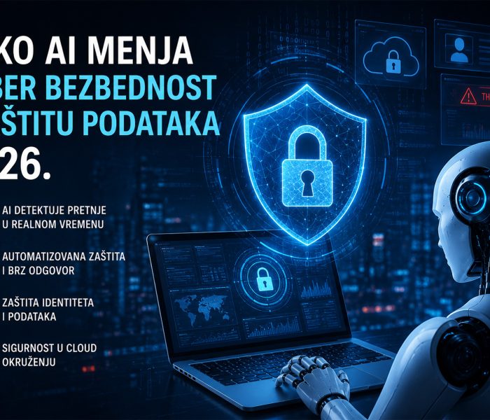 AI robot analizira podatke na laptopu dok digitalni sigurnosni štit štiti cloud okruženje i korisničke podatke od cyber pretnji u 2026. godini.