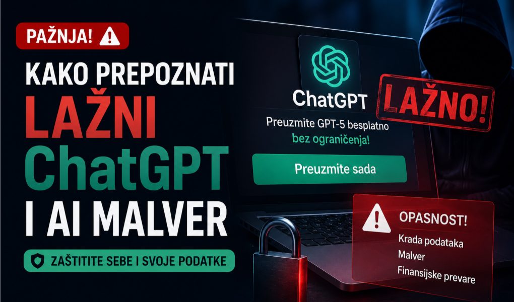 Vizual za blog članak o prepoznavanju lažnih ChatGPT aplikacija i AI malvera, sa laptopom, upozorenjima o sajber pretnjama i bezbednosnim savetima.