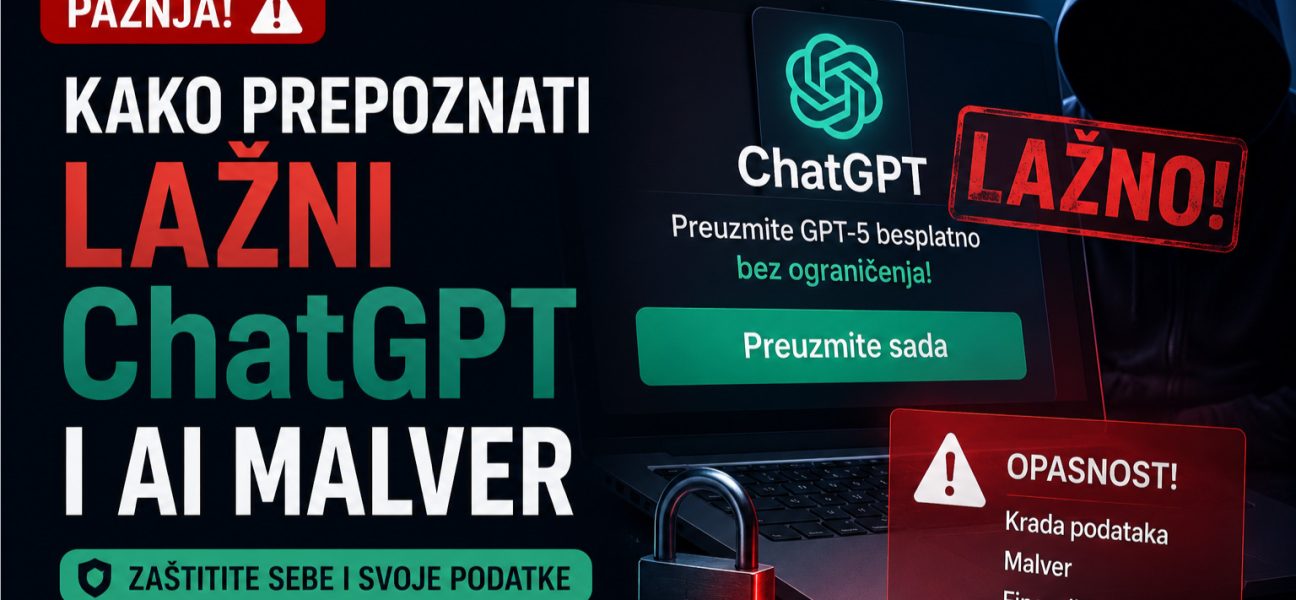 Vizual za blog članak o prepoznavanju lažnih ChatGPT aplikacija i AI malvera, sa laptopom, upozorenjima o sajber pretnjama i bezbednosnim savetima.