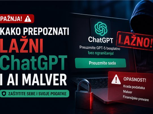 Vizual za blog članak o prepoznavanju lažnih ChatGPT aplikacija i AI malvera, sa laptopom, upozorenjima o sajber pretnjama i bezbednosnim savetima.
