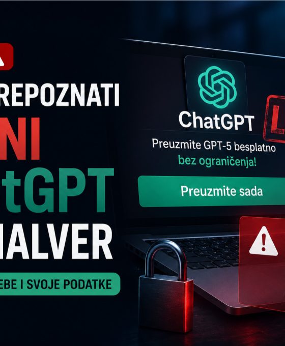 Vizual za blog članak o prepoznavanju lažnih ChatGPT aplikacija i AI malvera, sa laptopom, upozorenjima o sajber pretnjama i bezbednosnim savetima.