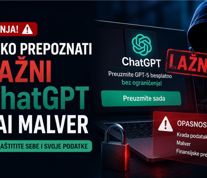 Vizual za blog članak o prepoznavanju lažnih ChatGPT aplikacija i AI malvera, sa laptopom, upozorenjima o sajber pretnjama i bezbednosnim savetima.