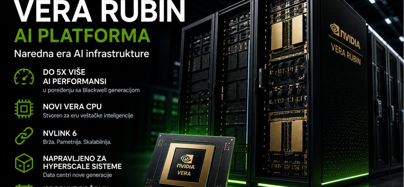 NVIDIA Vera Rubin AI platforma prikazana kroz futuristički data centar sa Vera CPU procesorom, NVLink 6 tehnologijom i AI infrastrukturom nove generacije.