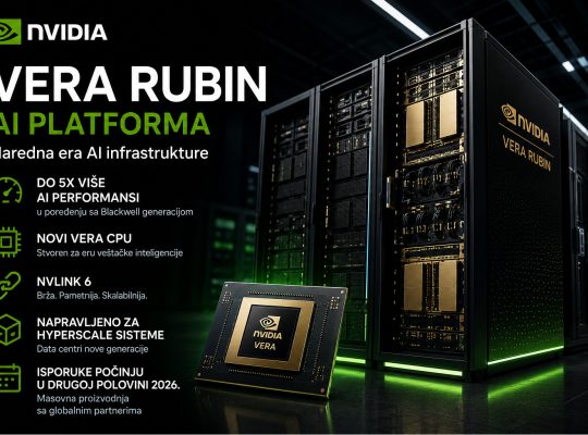 NVIDIA Vera Rubin AI platforma prikazana kroz futuristički data centar sa Vera CPU procesorom, NVLink 6 tehnologijom i AI infrastrukturom nove generacije.