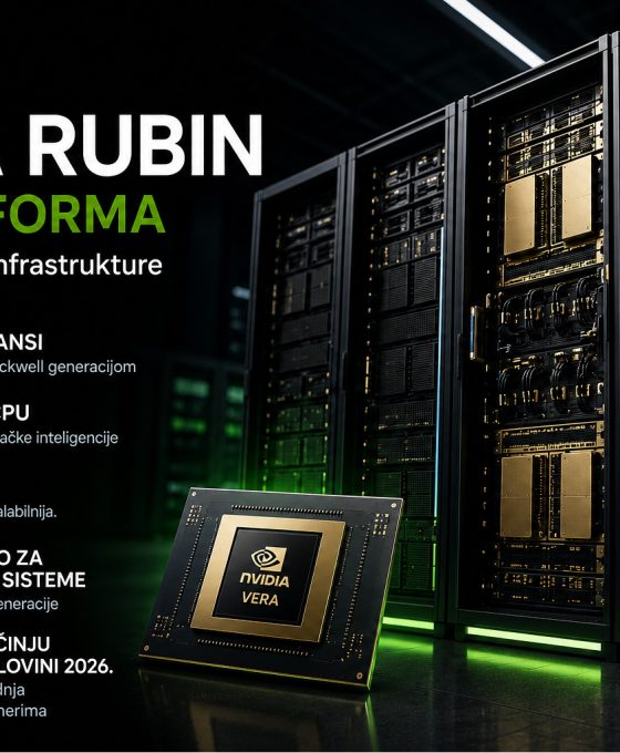 NVIDIA Vera Rubin AI platforma prikazana kroz futuristički data centar sa Vera CPU procesorom, NVLink 6 tehnologijom i AI infrastrukturom nove generacije.
