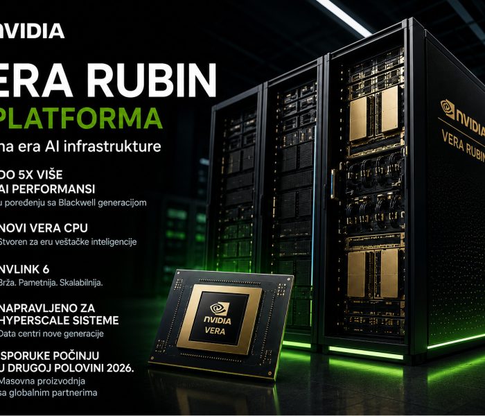 NVIDIA Vera Rubin AI platforma prikazana kroz futuristički data centar sa Vera CPU procesorom, NVLink 6 tehnologijom i AI infrastrukturom nove generacije.