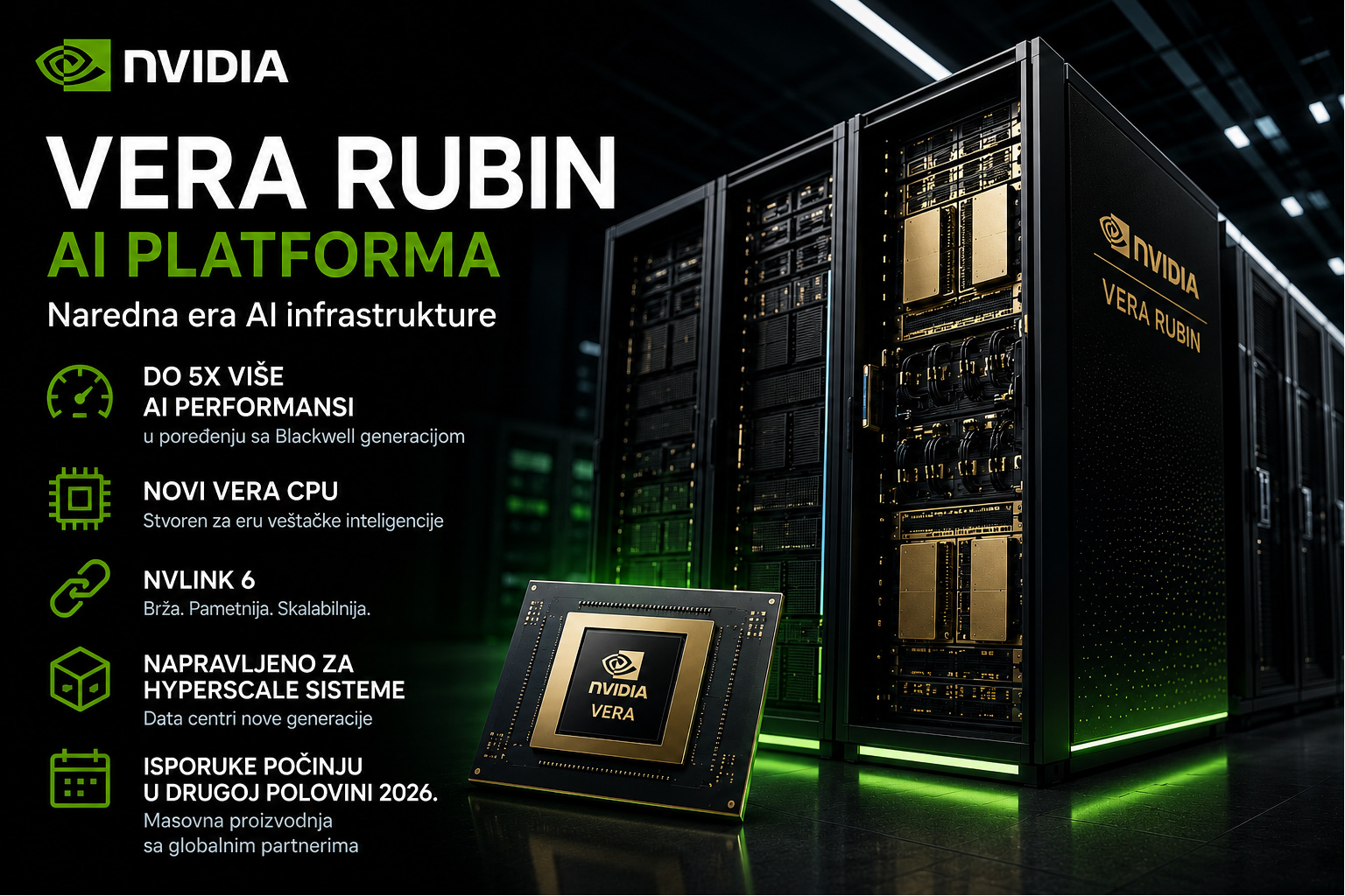 NVIDIA Vera Rubin AI platforma prikazana kroz futuristički data centar sa Vera CPU procesorom, NVLink 6 tehnologijom i AI infrastrukturom nove generacije.