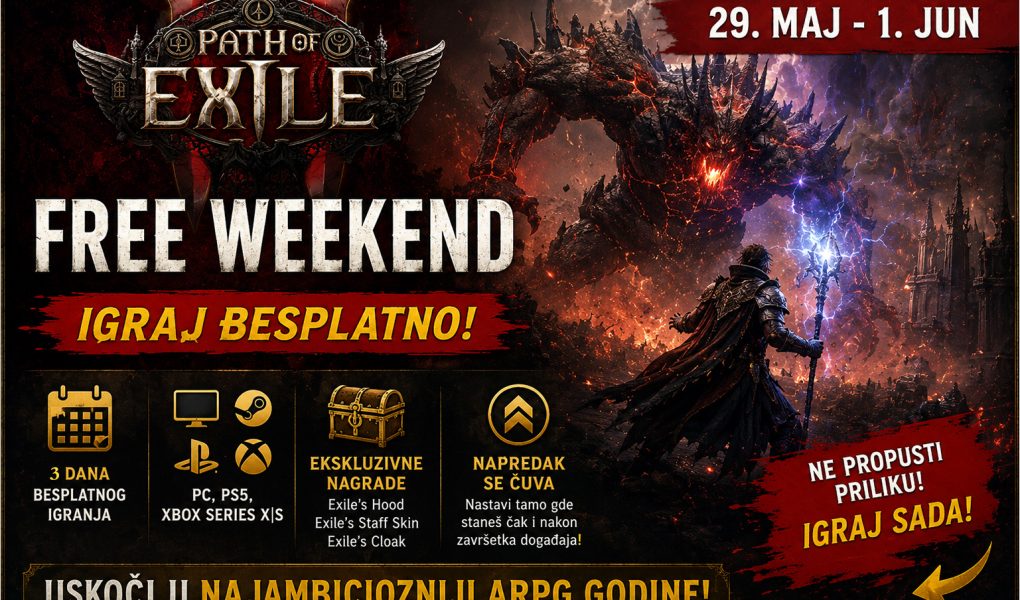 Path of Exile 2 Free Weekend promotivna grafika sa datumima događaja, besplatnim pristupom igri, ekskluzivnim nagradama i epskom borbom protiv ogromnog demona.