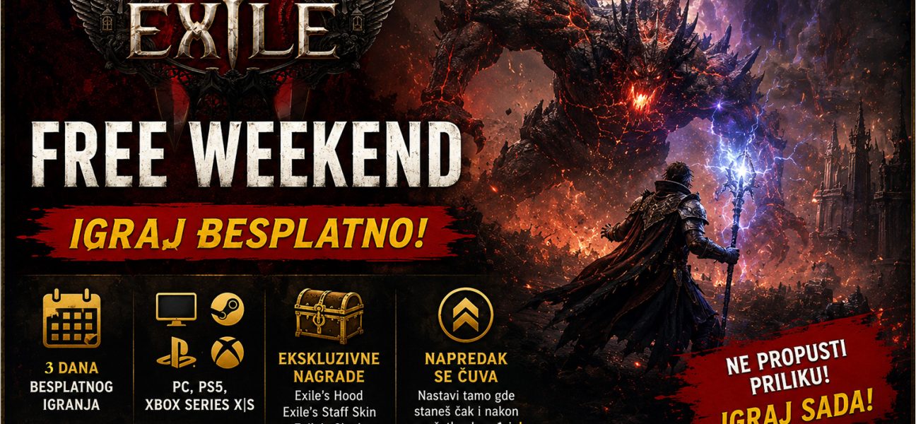 Path of Exile 2 Free Weekend promotivna grafika sa datumima događaja, besplatnim pristupom igri, ekskluzivnim nagradama i epskom borbom protiv ogromnog demona.