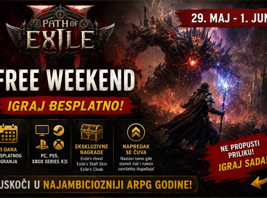 Path of Exile 2 Free Weekend promotivna grafika sa datumima događaja, besplatnim pristupom igri, ekskluzivnim nagradama i epskom borbom protiv ogromnog demona.