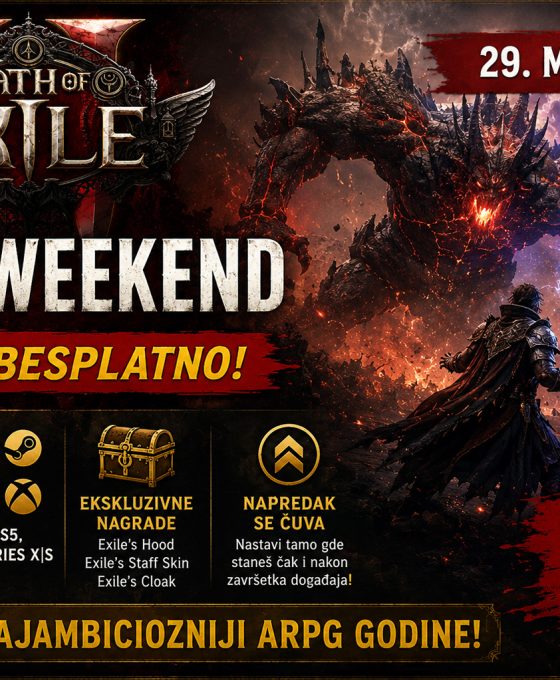 Path of Exile 2 Free Weekend promotivna grafika sa datumima događaja, besplatnim pristupom igri, ekskluzivnim nagradama i epskom borbom protiv ogromnog demona.