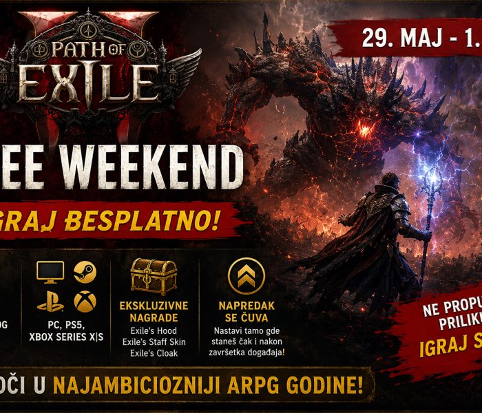 Path of Exile 2 Free Weekend promotivna grafika sa datumima događaja, besplatnim pristupom igri, ekskluzivnim nagradama i epskom borbom protiv ogromnog demona.