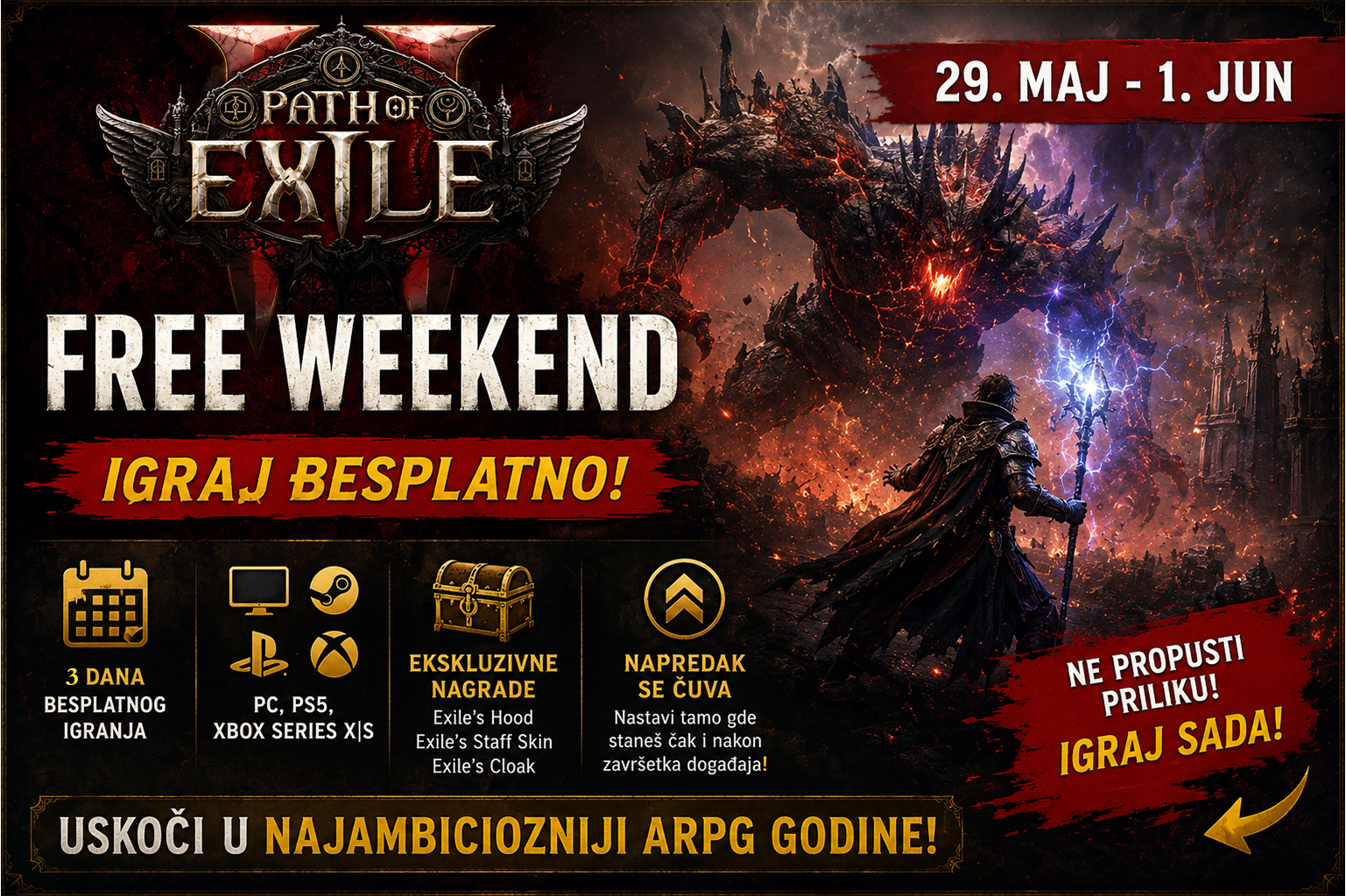 Path of Exile 2 Free Weekend promotivna grafika sa datumima događaja, besplatnim pristupom igri, ekskluzivnim nagradama i epskom borbom protiv ogromnog demona.
