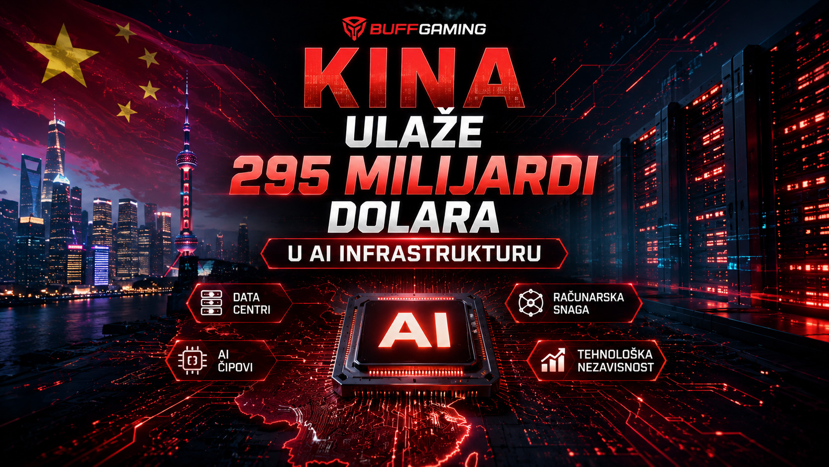 Kineski AI data centri i procesor veštačke inteligencije koji predstavljaju investiciju od 295 milijardi dolara u razvoj AI infrastrukture.