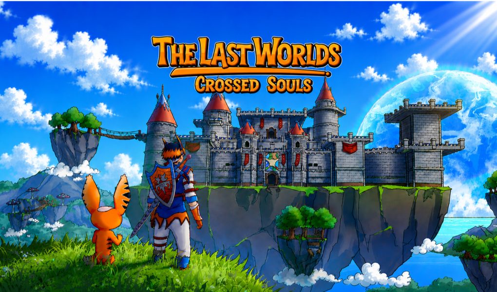 The Last Worlds: Crossed Souls, junak i njegov verni saputnik posmatraju veliki zamak na lebdećem ostrvu u fantastičnom svetu punom oblaka i plutajućih kopnenih masa.