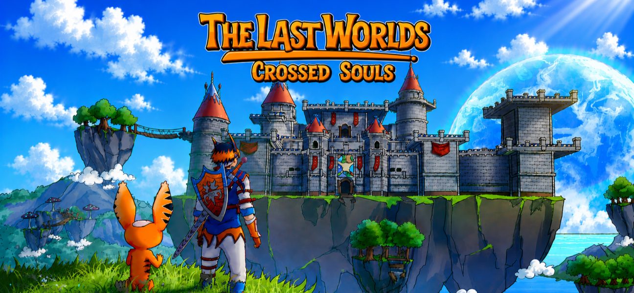 The Last Worlds: Crossed Souls, junak i njegov verni saputnik posmatraju veliki zamak na lebdećem ostrvu u fantastičnom svetu punom oblaka i plutajućih kopnenih masa.