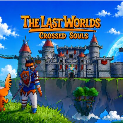 The Last Worlds: Crossed Souls, junak i njegov verni saputnik posmatraju veliki zamak na lebdećem ostrvu u fantastičnom svetu punom oblaka i plutajućih kopnenih masa.