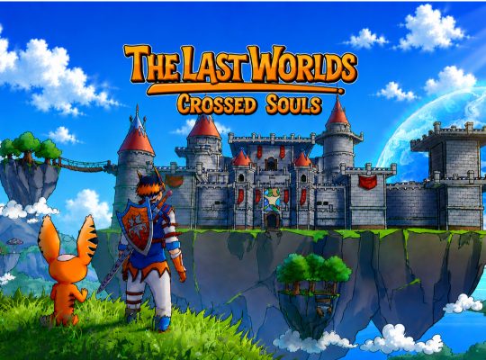 The Last Worlds: Crossed Souls, junak i njegov verni saputnik posmatraju veliki zamak na lebdećem ostrvu u fantastičnom svetu punom oblaka i plutajućih kopnenih masa.