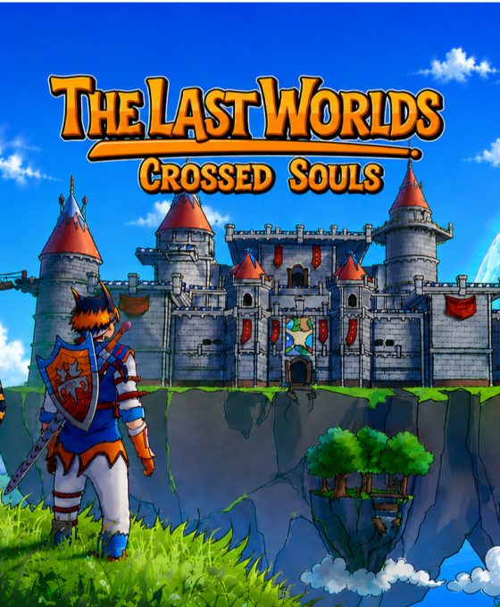 The Last Worlds: Crossed Souls, junak i njegov verni saputnik posmatraju veliki zamak na lebdećem ostrvu u fantastičnom svetu punom oblaka i plutajućih kopnenih masa.