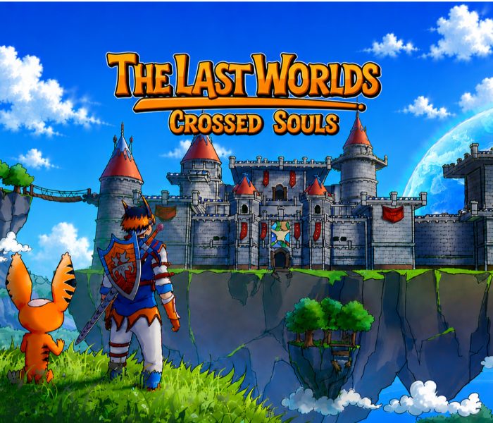 The Last Worlds: Crossed Souls, junak i njegov verni saputnik posmatraju veliki zamak na lebdećem ostrvu u fantastičnom svetu punom oblaka i plutajućih kopnenih masa.