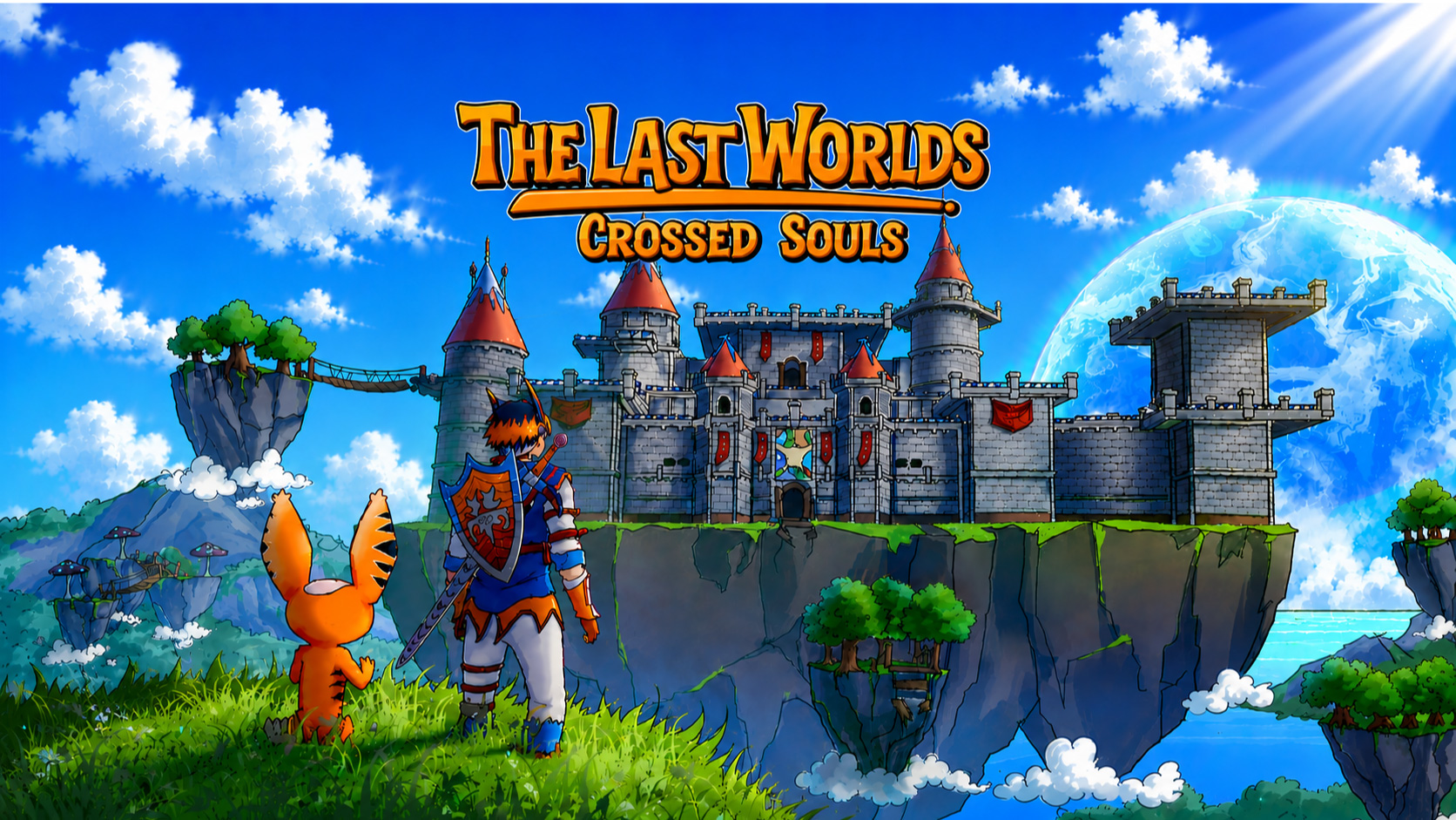 The Last Worlds: Crossed Souls, junak i njegov verni saputnik posmatraju veliki zamak na lebdećem ostrvu u fantastičnom svetu punom oblaka i plutajućih kopnenih masa.