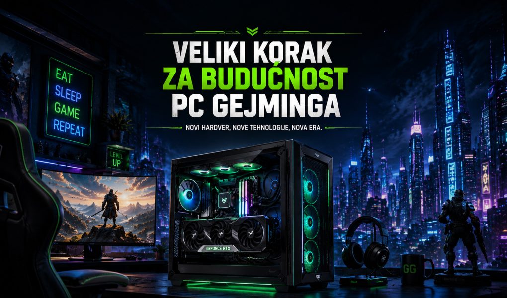 Gaming PC sa RGB osvetljenjem ispred futurističkog noćnog grada, uz naslov „Veliki korak za budućnost PC gejminga“, koji simbolizuje napredak hardvera i novih tehnologija za gejmere.