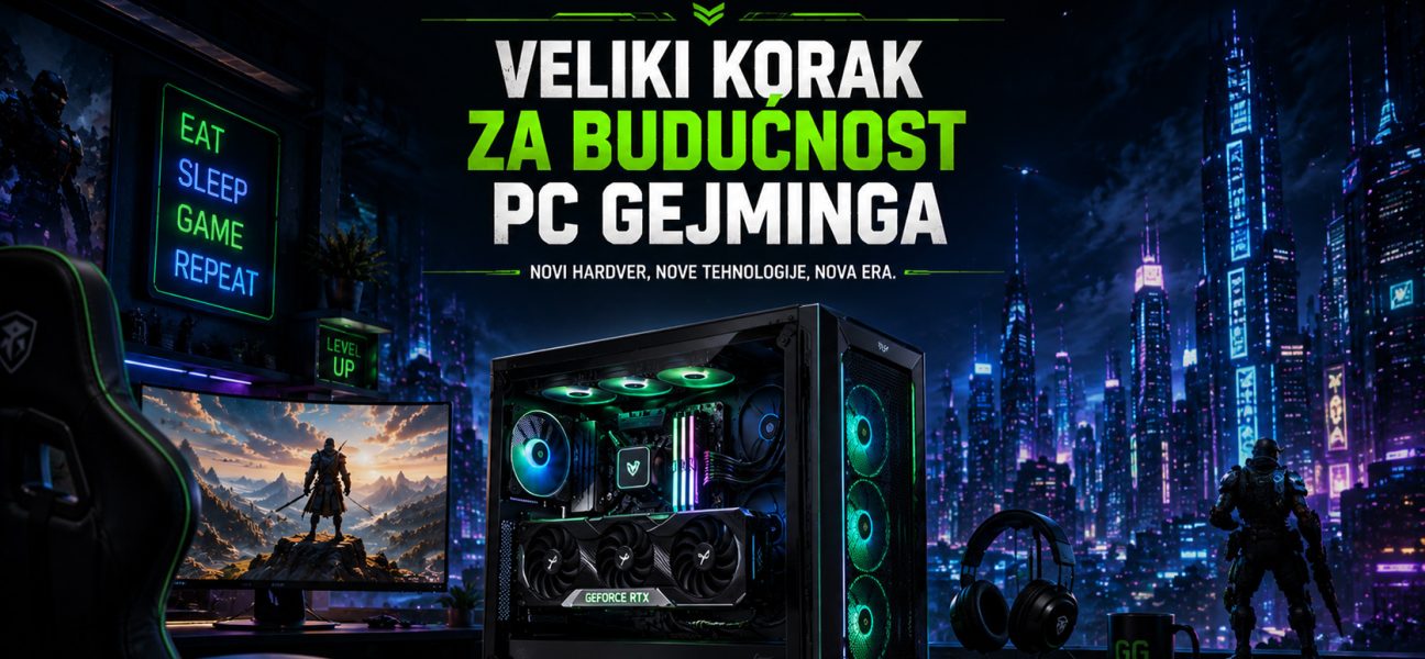 Gaming PC sa RGB osvetljenjem ispred futurističkog noćnog grada, uz naslov „Veliki korak za budućnost PC gejminga“, koji simbolizuje napredak hardvera i novih tehnologija za gejmere.
