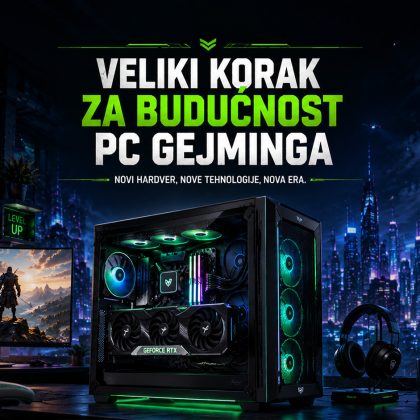 Gaming PC sa RGB osvetljenjem ispred futurističkog noćnog grada, uz naslov „Veliki korak za budućnost PC gejminga“, koji simbolizuje napredak hardvera i novih tehnologija za gejmere.