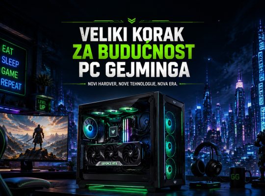 Gaming PC sa RGB osvetljenjem ispred futurističkog noćnog grada, uz naslov „Veliki korak za budućnost PC gejminga“, koji simbolizuje napredak hardvera i novih tehnologija za gejmere.