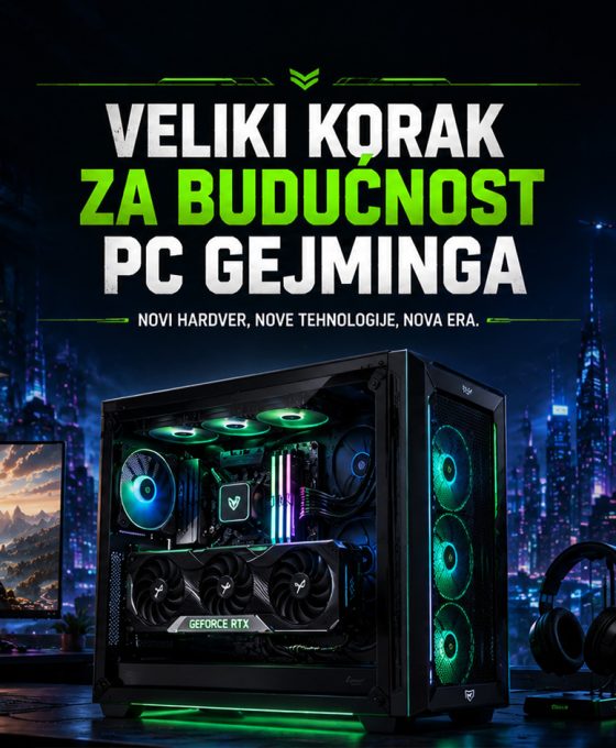 Gaming PC sa RGB osvetljenjem ispred futurističkog noćnog grada, uz naslov „Veliki korak za budućnost PC gejminga“, koji simbolizuje napredak hardvera i novih tehnologija za gejmere.