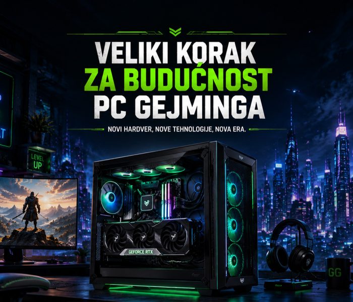 Gaming PC sa RGB osvetljenjem ispred futurističkog noćnog grada, uz naslov „Veliki korak za budućnost PC gejminga“, koji simbolizuje napredak hardvera i novih tehnologija za gejmere.