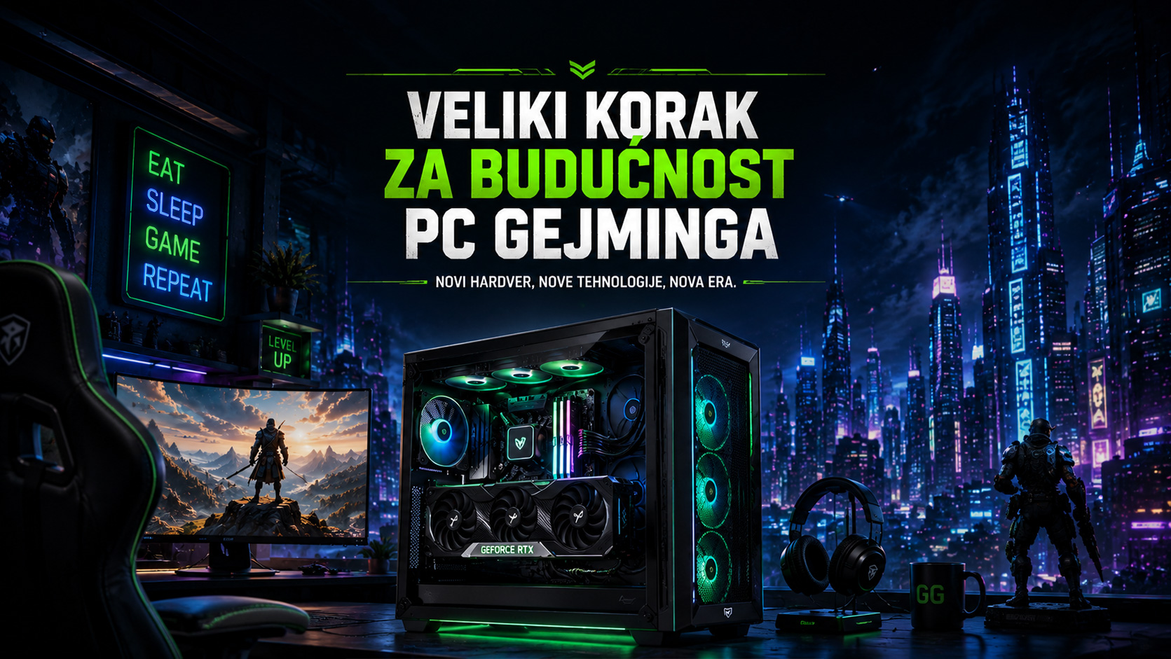 Gaming PC sa RGB osvetljenjem ispred futurističkog noćnog grada, uz naslov „Veliki korak za budućnost PC gejminga“, koji simbolizuje napredak hardvera i novih tehnologija za gejmere.