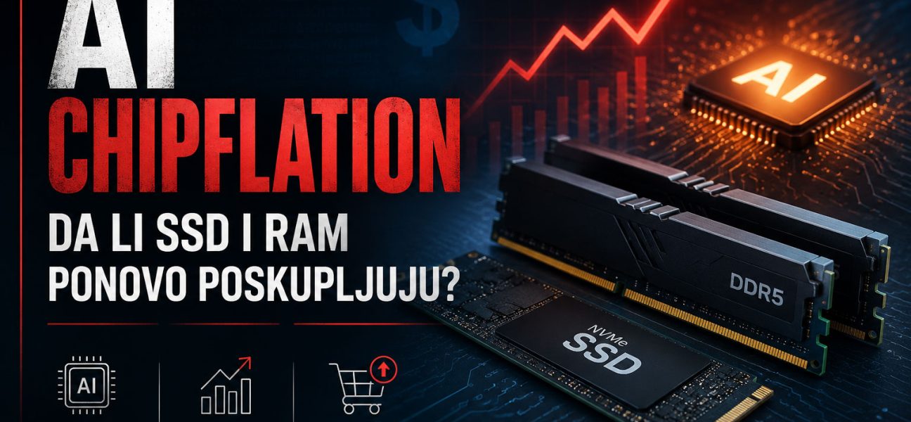 AI Chipflation prikazuje rast cena memorijskih čipova uz SSD disk, DDR5 RAM module i AI procesor sa grafikonom koji pokazuje poskupljenje hardvera.