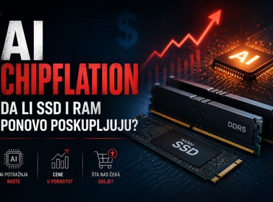 AI Chipflation prikazuje rast cena memorijskih čipova uz SSD disk, DDR5 RAM module i AI procesor sa grafikonom koji pokazuje poskupljenje hardvera.