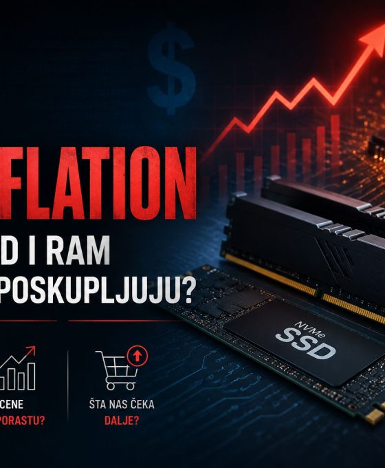 AI Chipflation prikazuje rast cena memorijskih čipova uz SSD disk, DDR5 RAM module i AI procesor sa grafikonom koji pokazuje poskupljenje hardvera.