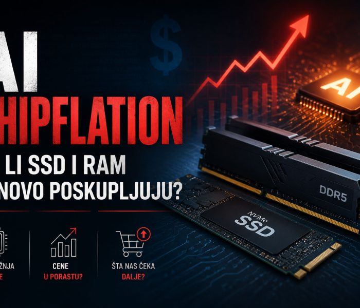AI Chipflation prikazuje rast cena memorijskih čipova uz SSD disk, DDR5 RAM module i AI procesor sa grafikonom koji pokazuje poskupljenje hardvera.