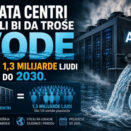 Moderni AI data centar sa velikim cevima za hlađenje i snažnim protokom vode, uz prikaz procene da bi potrošnja vode mogla dostići nivo potreban za 1,3 milijarde ljudi do 2030. godine.
