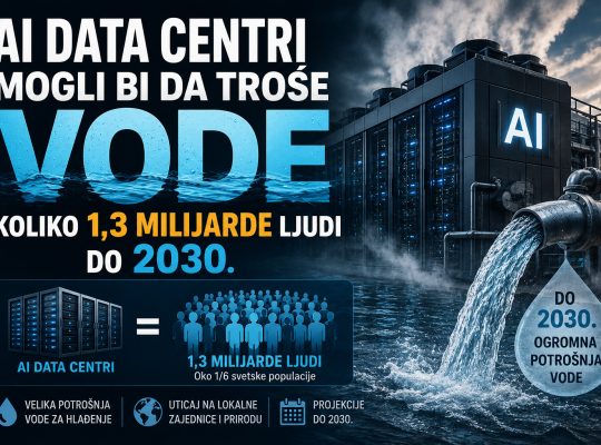 Moderni AI data centar sa velikim cevima za hlađenje i snažnim protokom vode, uz prikaz procene da bi potrošnja vode mogla dostići nivo potreban za 1,3 milijarde ljudi do 2030. godine.