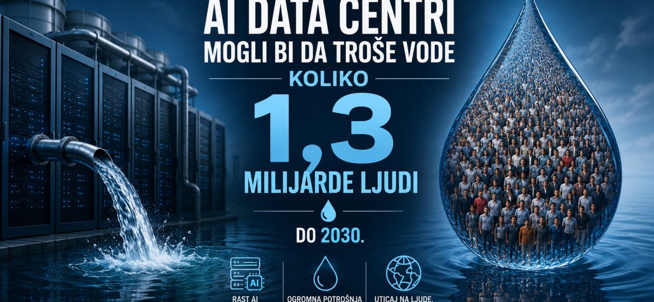 Moderni AI data centar sa velikim cevima za hlađenje i snažnim protokom vode, uz prikaz procene da bi potrošnja vode mogla dostići nivo potreban za 1,3 milijarde ljudi do 2030. godine.