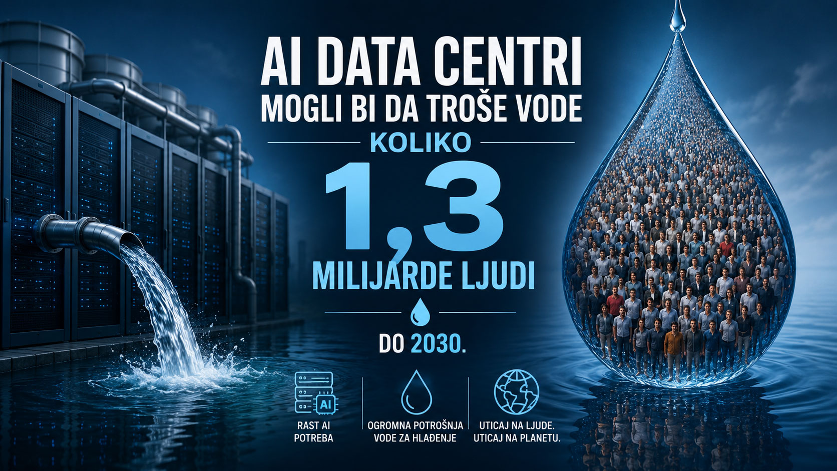 Moderni AI data centar sa velikim cevima za hlađenje i snažnim protokom vode, uz prikaz procene da bi potrošnja vode mogla dostići nivo potreban za 1,3 milijarde ljudi do 2030. godine.