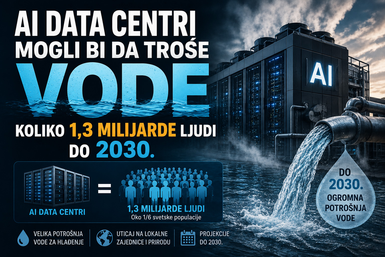 Moderni AI data centar sa velikim cevima za hlađenje i snažnim protokom vode, uz prikaz procene da bi potrošnja vode mogla dostići nivo potreban za 1,3 milijarde ljudi do 2030. godine.