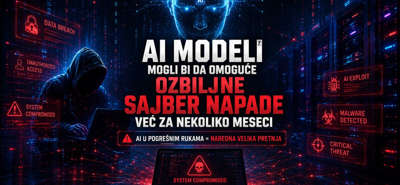 AI modeli i sajber bezbednost, futuristički prikaz hakera, AI sistema i server infrastrukture koji simbolizuju potencijalne sajber napade budućnosti.