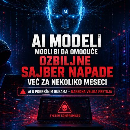 AI modeli i sajber bezbednost, futuristički prikaz hakera, AI sistema i server infrastrukture koji simbolizuju potencijalne sajber napade budućnosti.