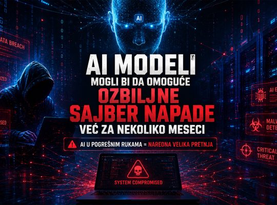 AI modeli i sajber bezbednost, futuristički prikaz hakera, AI sistema i server infrastrukture koji simbolizuju potencijalne sajber napade budućnosti.